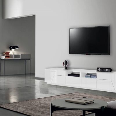 Dmora Mobile da soggiorno Porta TV, Made in Italy, Credenza per TV da salotto a 4 ante geometriche e 2 cassetti, Cm 260x43h46, Bianco lucido