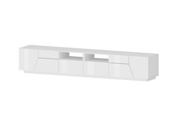 Dmora Meuble de salon Meuble TV, Made in Italy, Buffet pour TV de salon avec 4 portes géométriques et 2 tiroirs, Cm 260x43h46, Blanc brillant 2