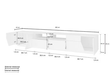 Dmora Meuble de salon Meuble TV, Made in Italy, Buffet pour TV de salon avec 4 portes géométriques et 2 tiroirs, Cm 260x43h46, Blanc brillant 5