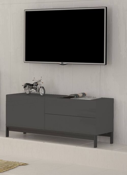 Dmora Mobile da soggiorno Porta TV, Made in Italy, Credenza per TV da salotto rialzata, 1 anta e cassetti, cm 110x40h47, Antracite lucido