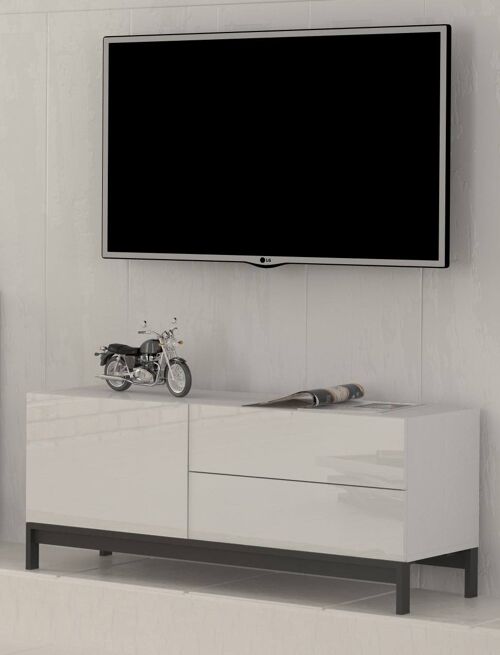 Dmora Mobile da soggiorno Porta TV, Made in Italy, Credenza per TV da salotto rialzata, 1 anta e cassetti, cm 110x40h47, Bianco lucido