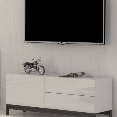 Dmora Mobile da soggiorno Porta TV, Made in Italy, Credenza per TV da salotto rialzata, 1 anta e cassetti, cm 110x40h47, Bianco lucido