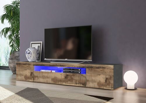 Dmora Mobile da soggiorno Porta TV, Made in Italy, Credenza per TV in stile industrial a 3 ante, cm 200x40h37, Ardesia e Acero, con luce LED blu