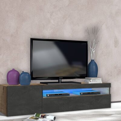 Dmora Mobile da soggiorno Porta TV, Made in Italy, Supporto per TV da salotto 2 ante, cm 150x40h37, Acero e Grigio Ardesia, con luce LED blu