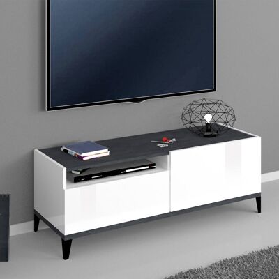 Dmora Mobile da soggiorno Porta TV, Made in Italy, Supporto per TV da salotto a 1 anta e 1 cassetto, Cm 120x40h47, Bianco lucido e Ardesia