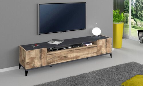 Dmora Mobile da soggiorno Porta TV, Made in Italy, Supporto per TV da salotto a 2 ante e 2 cassetti, Cm 200x40h47, Ardesia e Acero