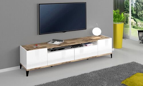 Dmora Mobile da soggiorno Porta TV, Made in Italy, Supporto per TV da salotto a 2 ante e 2 cassetti, Cm 200x40h47, Bianco lucido e Acero