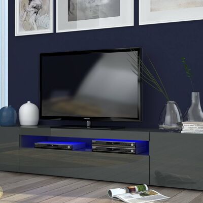 Dmora Mobile da soggiorno Porta TV, Made in Italy, Supporto per TV da salotto a 3 ante e ripiani, cm 200x40h37, Antracite lucido, con luce LED blu
