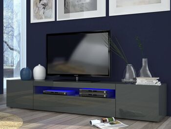 Dmora Meuble de salon Meuble TV, Made in Italy, Meuble pour TV de salon avec 3 portes et étagères, 200x40h37 cm, Anthracite brillant, avec éclairage LED bleu 1