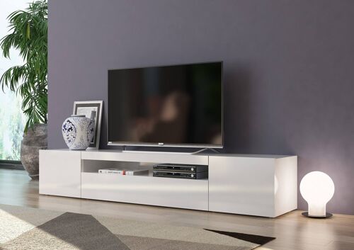 Dmora Mobile da soggiorno Porta TV, Made in Italy, Supporto per TV da salotto a 3 ante e ripiani, cm 200x40h37, Bianco lucido