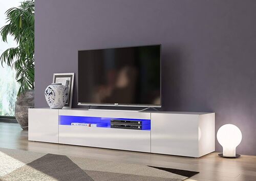 Dmora Mobile da soggiorno Porta TV, Made in Italy, Supporto per TV da salotto a 3 ante e ripiani, cm 200x40h37, Bianco lucido, con luce LED blu
