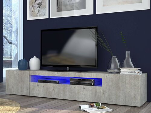 Dmora Mobile da soggiorno Porta TV, Made in Italy, Supporto per TV da salotto a 3 ante e ripiani, cm 200x40h37, Cemento, con luce LED blu