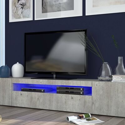 Dmora Mobile da soggiorno Porta TV, Made in Italy, Supporto per TV da salotto a 3 ante e ripiani, cm 200x40h37, Cemento, con luce LED blu
