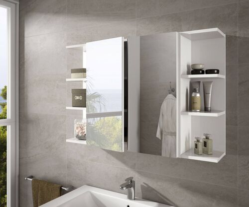 Dmora Mobile Pensile Bagno Tacoma, Mobile colonna sospeso per bagno, Armadietto ad angolo con 3 ripiani aperti, cm 20x20h65, Bianco