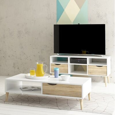 Dmora Mobile porta TV a due cassetti, colore bianco e rovere, cm 117 x 57 x 39