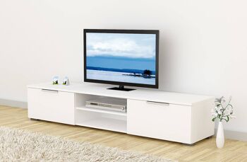 Meuble TV Dmora avec deux tiroirs, couleur blanc brillant, 172 x 33 x 39 cm 1