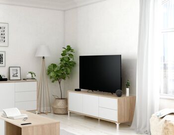 Dmora Cary Meuble TV, Buffet pour télévision avec 2 portes, Meuble TV pour salon, Meuble TV, Buffet pour salon, cm 151x41h80, Chêne et Blanc 1