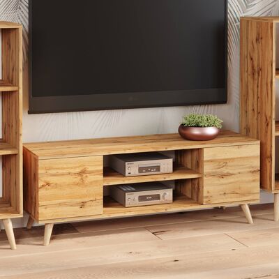 Dmora Mobile porta tv con 2 ante e 1 ripiano centrale, Credenza con piedini, Buffet da soggiorno in stile scandi, cm 155x40h50, colore Acero