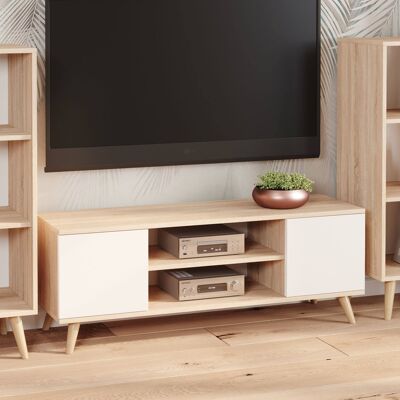 Dmora Mobile porta tv con 2 ante e 1 ripiano centrale, Credenza con piedini, Buffet da soggiorno in stile scandi, cm 155x40h50, colore Bianco e Rovere