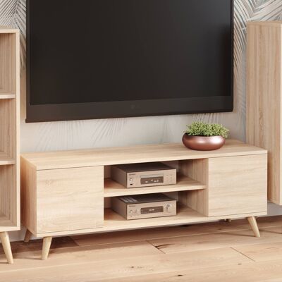 Dmora Mobile porta tv con 2 ante e 1 ripiano centrale, Credenza con piedini, Buffet da soggiorno in stile scandi, cm 155x40h50, colore Rovere