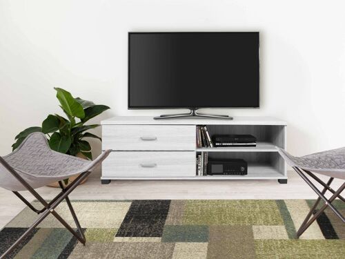 Dmora Mobile porta TV Daimiel, Credenza moderna a ripiani, Mobile da soggiorno a 2 cassetti e vano a giorno, Made in Italy, Cm 120x40h43, Rovere sbiancato