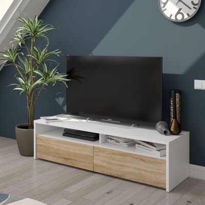 Dmora Mobile porta TV Henderson, Credenza per televisione da soggiorno con 2 ante, Supporto TV, Buffet moderno basso da salotto, cm 130x40h36, Bianco lucido