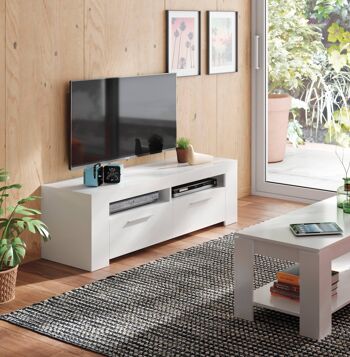 Dmora Stamford Meuble TV, Buffet pour télévision de salon, Meuble TV avec 2 portes, Buffet bas pour salon, cm 120x42h40, Blanc brillant 1