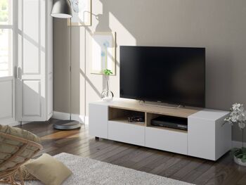 Dmora Topeka Meuble TV, Buffet pour télévision de salon, Meuble de télévision moderne, Buffet polyvalent bas, cm 138x42h36, Blanc et Chêne 1