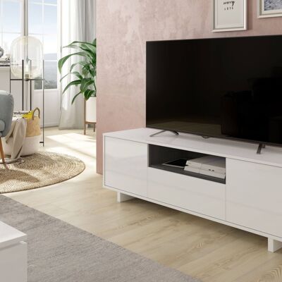 Dmora Mobile porta TV Visalia, Credenza per televisione da soggiorno, Supporto TV a 3 ante, Credenza bassa da salotto, cm 150x41h46, Bianco lucido e Grigio cenere