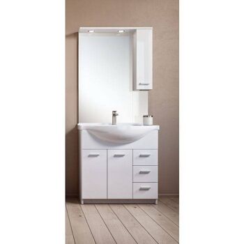 Meuble sous-vasque Dmora Barberadel, Meuble de salle de bain moderne avec miroir, Lavabo avec 2 portes battantes et 3 tiroirs, Made in Italy, Cm 105x50h191, Blanc 1