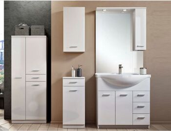 Meuble sous-vasque Dmora Barberadel, Meuble de salle de bain moderne avec miroir, Lavabo avec 2 portes battantes et 3 tiroirs, Made in Italy, Cm 105x50h191, Blanc 2