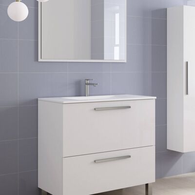 Dmora Mobile sottolavabo Hayward, Mobiletto per bagno, Armadio a 2 cassetti e specchio, lavabo non incluso, cm 80x45h80, Bianco lucido