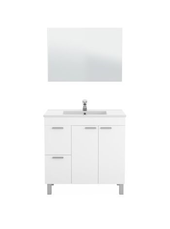 Meuble sous-vasque Dmora Lakewood, Meuble de salle de bain, Armoire avec 2 portes et deux tiroirs avec miroir, lavabo non inclus, cm 80x45h80, Blanc brillant 2