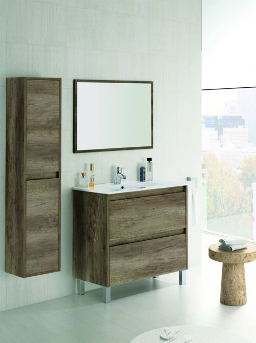 Dmora Mobile sottolavabo Modesto, Mobiletto sospeso con 2 cassetti, Armadio per bagno con specchio, Lavabo escluso, cm 80x45h80, Quercia