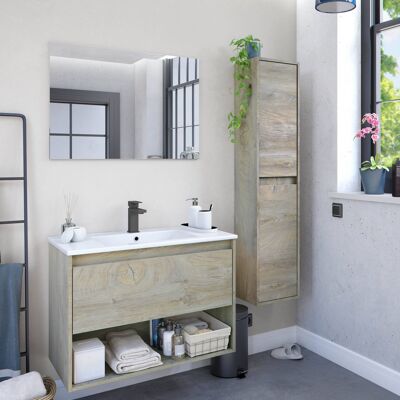 Dmora Mobile sottolavabo Montgomery, Mobiletto sospeso con 1 cassetto, Armadio per bagno con specchio, Lavabo escluso, cm 80x59h45, Rovere e Bianco