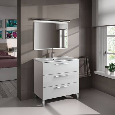 Dmora Mobile sottolavabo Palmdale, Mobiletto per bagno, Armadio a 3 cassetti e specchio, lavabo non incluso, cm 80x45h86, Bianco lucido