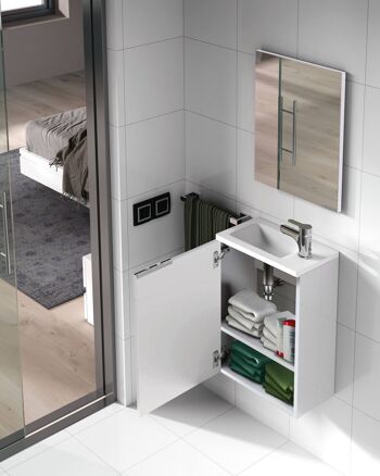 Dmora Peoria meuble sous vasque, Meuble de salle de bain suspendu, Armoire avec 1 porte et miroir, 40x22h58 cm, Blanc brillant 2