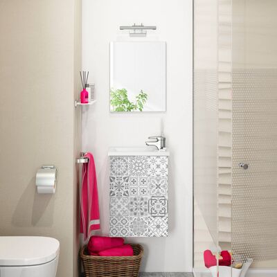 Dmora Mobile sottolavabo Peoria, Mobiletto per bagno sospeso, Armadio a 1 anta e specchio, cm 40x22h58, Bianco lucido e Cemento