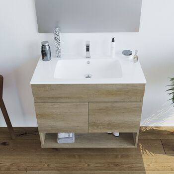 Meuble sous-vasque Dmora Shreveport, Meuble de salle de bain à 2 portes, Meuble suspendu avec étagère et miroir, lavabo non inclus, cm 80x45h64, Chêne 6