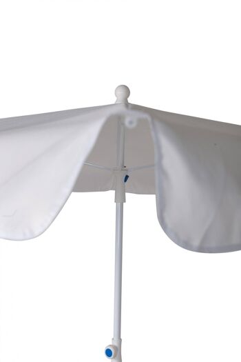 Parasol Dmora avec mât central en acier inclinable, tissu polyester blanc, mesure 200 x 250 x 200 cm 2