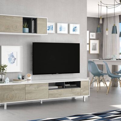 Dmora Parete attrezzata Anchorage, Mobile da soggiorno porta TV, color rovere naturale e bianco lucido, cm 200 x 40 x 47, Rovere e Bianco Lucido