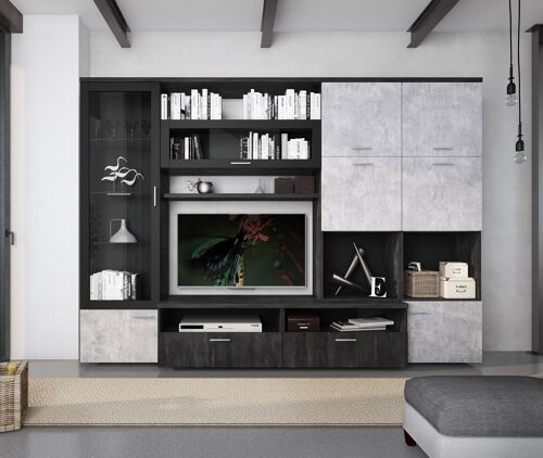 Dmora Parete attrezzata Azuquecade, Mobile porta TV moderno con Ante e ripiani, Set salotto completo con vetrinetta, Cm 300x50h215, Antracite e Cemento