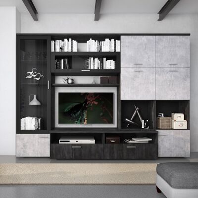 Dmora Parete attrezzata Azuquecade, Mobile porta TV moderno con Ante e ripiani, Set salotto completo con vetrinetta, Cm 300x50h215, Antracite e Cemento