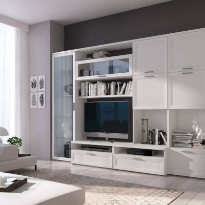 Dmora Parete attrezzata Azuquecade, Mobile porta TV moderno con Ante e ripiani, Set salotto completo con vetrinetta, Cm 300x50h215, Bianco frassinato