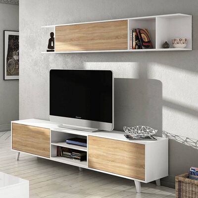 Dmora Parete attrezzata Buffalo, Mobile da soggiorno porta TV, Composizione per salotto con pensile, cm 180x41h51, Bianco e Rovere