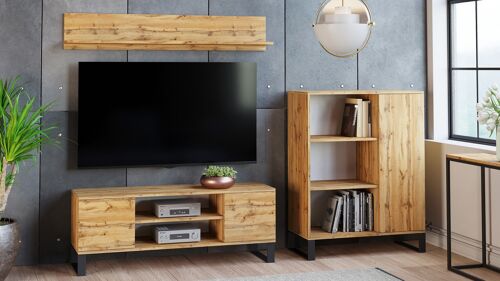 Dmora Parete attrezzata da soggiorno in stile industrial, Mobile porta TV con 1 credenza con anta reversibile, Mensola abbinata, colore Acero