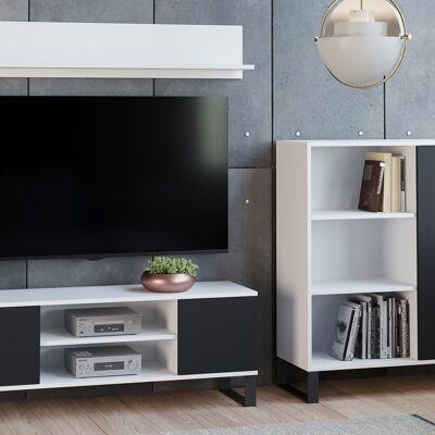 Dmora Parete attrezzata da soggiorno in stile industrial, Mobile porta TV con 1 credenza con anta reversibile, Mensola abbinata, colore Bianco e Nero