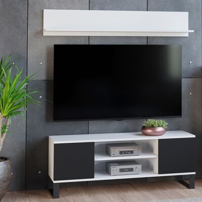 Dmora Parete attrezzata da soggiorno in stile industrial, Mobile porta TV con 1 credenza con anta reversibile, Mensola abbinata, colore Bianco e Nero