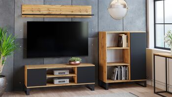 Unité murale de salon de style industriel Dmora, meuble TV avec 1 buffet avec porte réversible, étagère assortie, couleur noir et érable 1