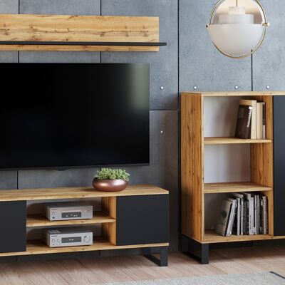 Dmora Parete attrezzata da soggiorno in stile industrial, Mobile porta TV con 1 credenza con anta reversibile, Mensola abbinata, colore Nero e Acero